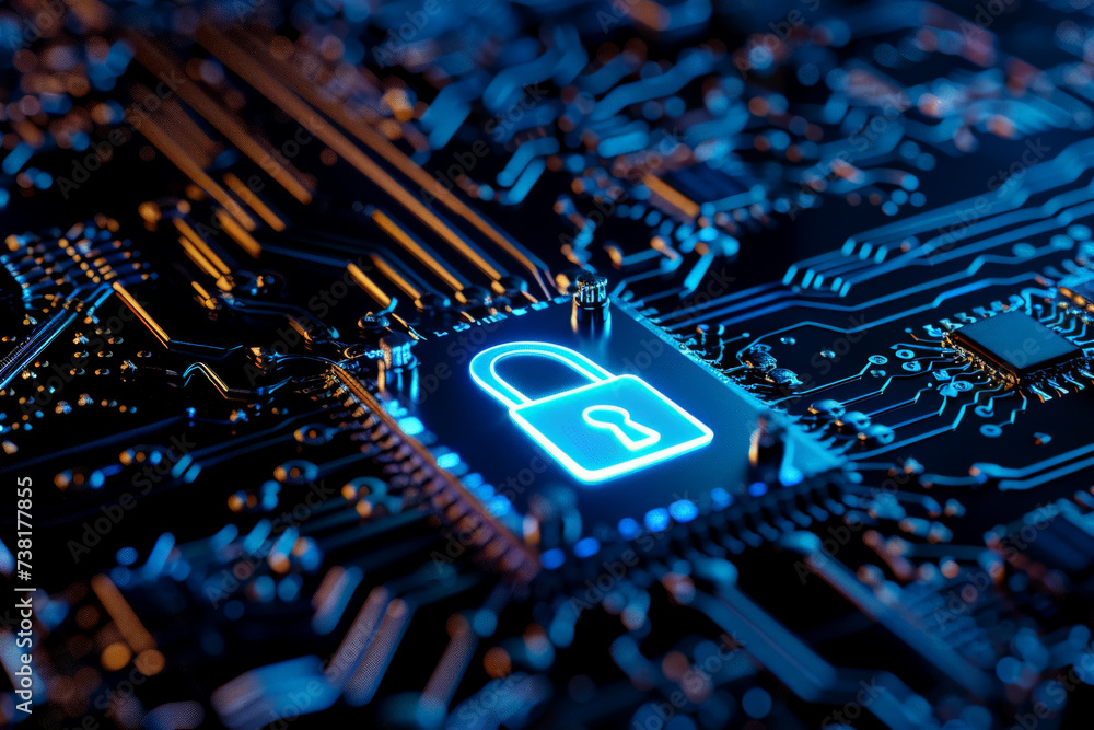 Poster a computer chip with a padlock on it
