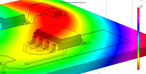 Fototapeta premium Computer 3d modeling of printed circuit board of electronic device. Investigation of displacement of pcb conductors and components (capacitor, integrated circuit) under influence of high temperature