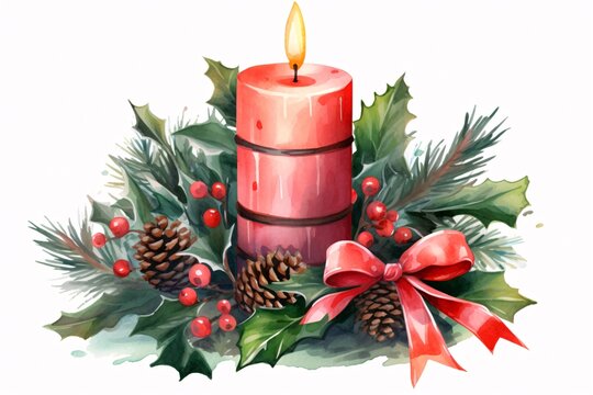 a watercolor painting of a candle with pine cones and holly