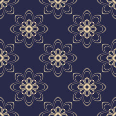 Floral ornament. Seamless abstract classic background with flowers. Pattern with blue and golden repeating floral elements. Ornament for wallpaper and packaging