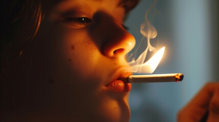 teenager smokes cigarette, concept of early smoking and harm to health in children