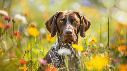Papier Peint photo Prairie, marais German Shorthaired Pointer dog sitting in meadow field surrounded by vibrant wildflowers