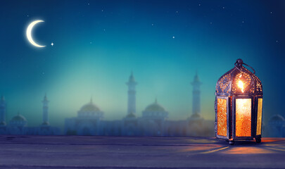 Ramadan lantern shines at night. Islamic greeting Eid Mubarak cards for Muslim Holidays..Arabic....