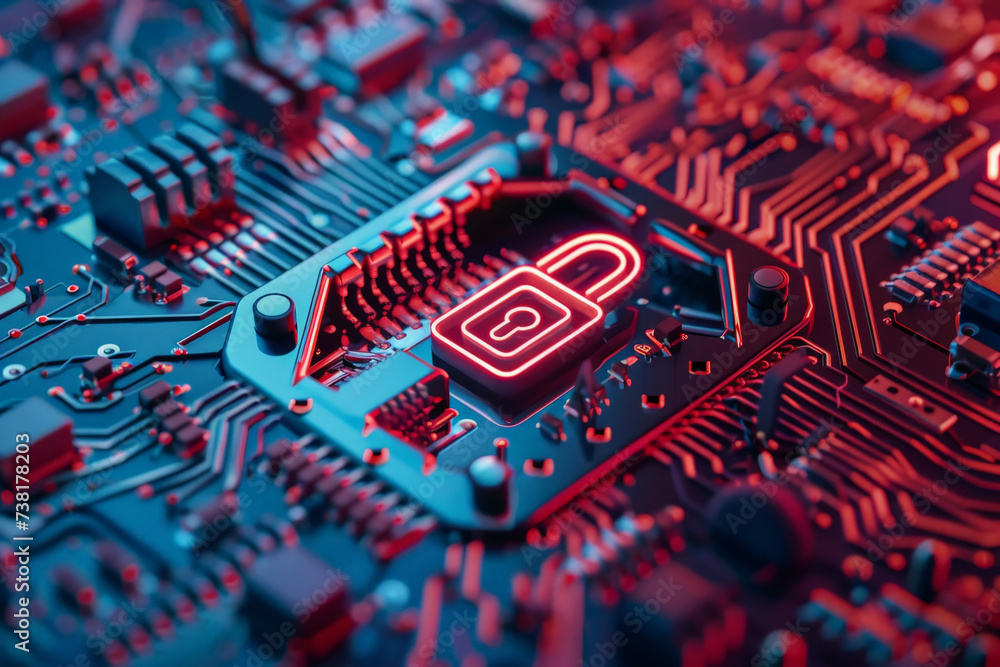 Poster a circuit board with a red padlock on it