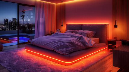 Chic bedroom retreat featuring neon lighting, infusing space with energy and flair.