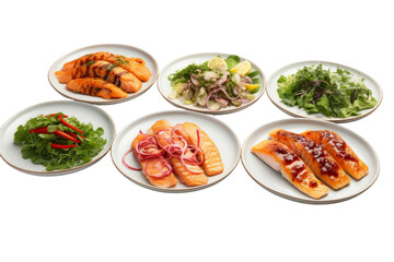 A White Plate Topped With Different Types of Food. A white plate with a variety of food items arranged neatly, showcasing an assortment of different flavors and textures.