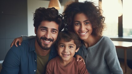 Cheerful african mother and indian father playing with son at home. Cute boy enjoying sitting on father shoulder while looking at camera. Middle eastern family having fun together on the sofa at home - obrazy, fototapety, plakaty