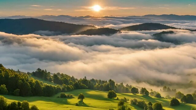 Aerial view of fog or clouds rolling over the greenery valley during the morning