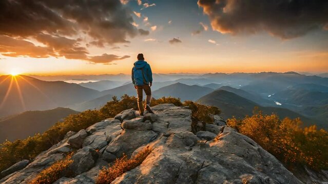Hiker Man Standing on Top of Mountain Peak Summit at Sunset Golden Hour Conquering Fears Anxiety Stress Victory Success Concept