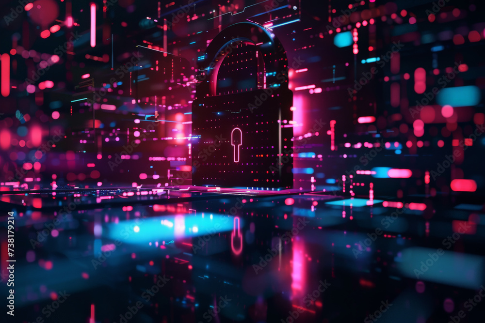 Poster a computer generated image of a padlock with a key in it