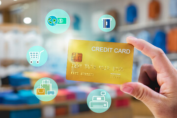 Woman holds credit card in hand for shopping, payment, payment, e-commerce, technology, wallet app. digital bank Online financial technology with virtual icons.
