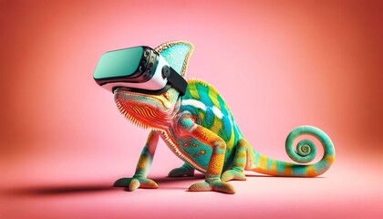 Illustration of a cartoon chameleon in a virtual reality headset on a pink background. Whimsical concept of advanced technology with the natural world.