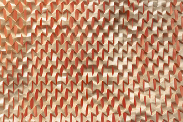 Beige textured background. Corrugated background on peach fuzz color. Ribbed pattern. Abstract paper background. Peach fuzz colour with wrapping paper. Recycling craft paper.