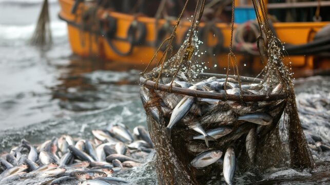 A fishing boat lifts nets with a large catch of fish