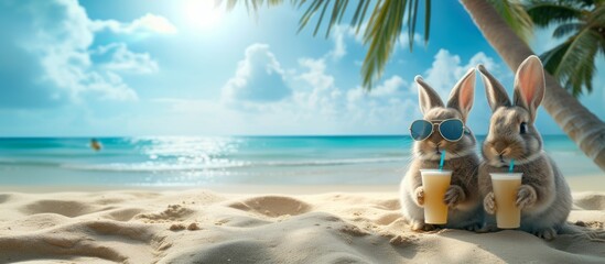 Two funny bunny rabbits in sunglasses with two glasses of a summer drink orange juice on the sandy shore of the ocean sea, the concept of advertising tourism, summer vacation at sea, banner - obrazy, fototapety, plakaty