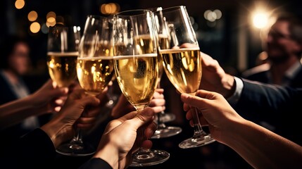 Diversity, dinner and group of people toast celebration together at party. Friends, happy and celebrate with food, wine and friendship for love, support and cheers champagne at business function