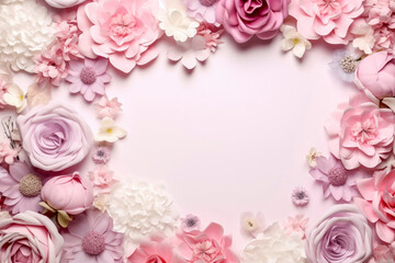 Obraz na płótnie Canvas Delicate spring flowers lie on soft pink surface, creating place for text, advertising. Greeting frame, banner for Mother's Day, Valentine's Day, March 8, birthday, spring holidays. Copy space.