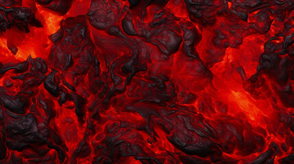 Stream of volcanic red cooling lava after volcanic eruption. In places, cooled lava is covered with black crust. Consequences of natural cataclysm, disaster. Natural background. Full frame. Top view