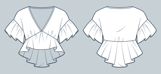 Ruffle Top technical fashion Illustration. Peplum Blouse fashion flat technical drawing template, v-neck, short sleeve, peplum, front and back view, white, women Top CAD mockup.