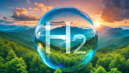 Bulle d’hydrogène (H2), énergie écologique dans le paysage de nature - IA générative - obrazy, fototapety, plakaty