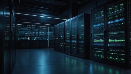 Modern Data Technology Center Server Racks in Dark Room with VFX, Visualization Concept of Internet of Things, Data Flow, Digitalization of Internet Traffic, Complex Electric Equipment Warehouse 