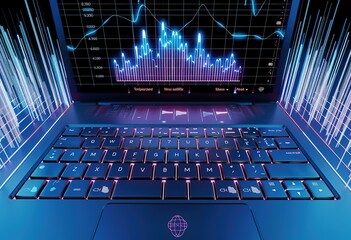 In-Depth Financial Analysis: Hands Typing on Laptop Displaying Dynamic Stock Market Charts - obrazy, fototapety, plakaty