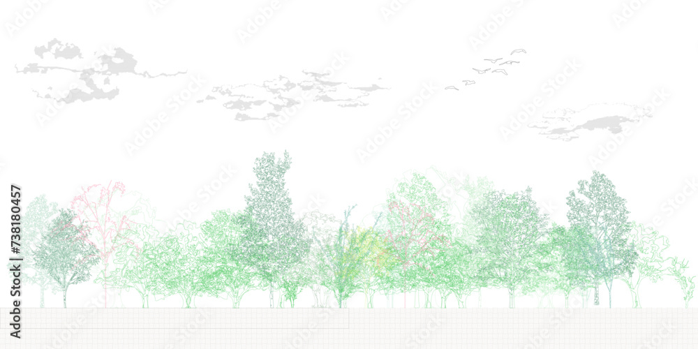Poster Architectural Drawings, Minimal style cad tree line drawing, Side view, set of graphics trees elements outline symbol for landscape design drawing. Vector illustration in stroke fill in white.