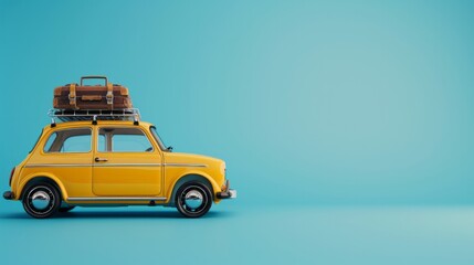 Cute little yellow car on a plain background with luggage on top. Vacation concept with copy space for your text	
