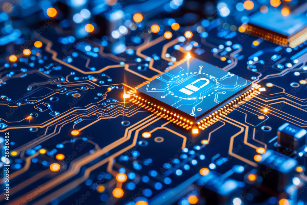 Poster a computer chip with a padlock on it