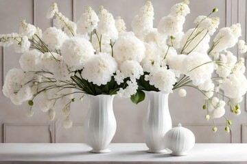 white flowers in vase, Enter a realm of timeless elegance with a pristine white vase filled with delicate white flowers, placed atop a table. The white flowers exude purity and grace, their petals unf