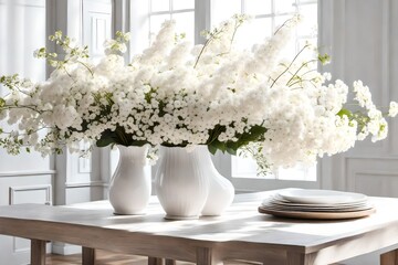 flowers in vase, Enter a realm of timeless elegance with a pristine white vase filled with delicate white flowers, placed atop a table. The white flowers exude purity and grace, their petals unfolding