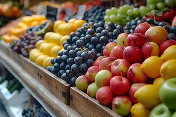 A close-up of a variety of colorful fruits arranged artfully at a market stall. Generative Ai.