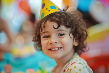 close up of smiling child on birthday party