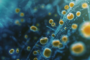 Abstract microbiology bacteria cells. Microbiology closeup macro photography. Medical research, microbiology and science concept. Background for banner, flyer, advertising, social networks, news.