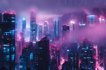 Futuristic cityscape raining at night
