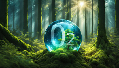 Bulle d'O2 dans les arbres de la forêt, concept de purification de l'air à travers la nature, les plantes absorbent le dioxyde de carbone et libèrent de l’oxygène dans l’air  - IA générative - obrazy, fototapety, plakaty
