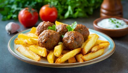 Turkish Kofte. Meatballs and French fries in a plate