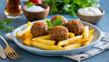 Turkish Kofte. Meatballs and French fries in a plate
