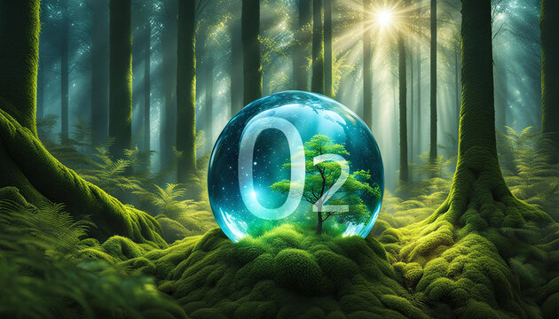 Bulle d'O2 dans les arbres de la for&ecirc;t, concept de purification de l'air &agrave; travers la nature, les plantes absorbent le dioxyde de carbone et lib&egrave;rent de l&rsquo;oxyg&egrave;ne dans l&rsquo;air  - IA g&eacute;n&eacute;rative