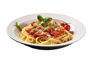 Plate of Spaghetti With Tomato Sauce and Basil. A plate of spaghetti topped with tomato sauce and fresh basil leaves, ready to be enjoyed.