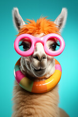 Funky llama wears pink round glasses and a colorful pool ring, ready for summer fun against a turquoise background