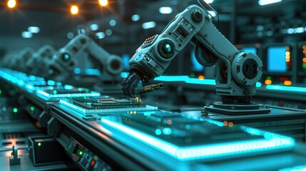 Robotic arms operating on a production line in a high-tech manufacturing facility, showcasing advanced automation and precision engineering.