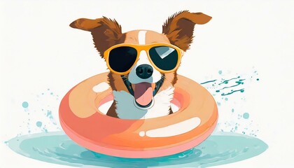 Happy dog with sunglasses and floating ring 