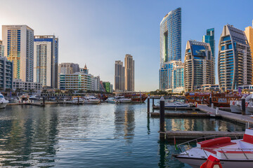 Fototapeta na wymiar DUBAI, UAE- February 05 2024: Skyscrapers at Dubai Marina
