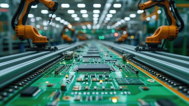 Robotic arms operating on a production line in a high-tech manufacturing facility, showcasing advanced automation and precision engineering.