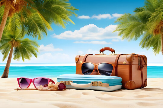 Travel time banner for vacation, luggage with sunglasses for a far-off place to stay, pillows at a beach with palm trees, isolated on a white background with copy space area design.