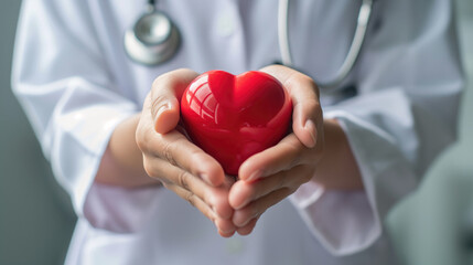 Close up of woman doctor hands holding with red heart on hospital background, generative ai