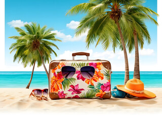 Fototapeta premium Travel time banner for vacation, luggage with sunglasses for a far-off place to stay, pillows at a beach with palm trees, isolated on a white background with copy space area design.