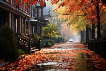 A beautiful street with autumn trees and orange leaves