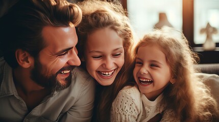 Happy family. Two children daughters with mother and father. Mum, dad and girls laughing and hugging. - obrazy, fototapety, plakaty